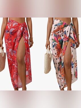 Eicolorte Beach Wrap Skirt Cover Up Tropical Print Sarong Swimwear -Lot of 2 NEW
